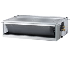 The LG HVAC indoor unit(idu) Ceiling Concealed Duct, which is designed to be rectangular and compact with a metallic finish and components hidden from view, is displayed.